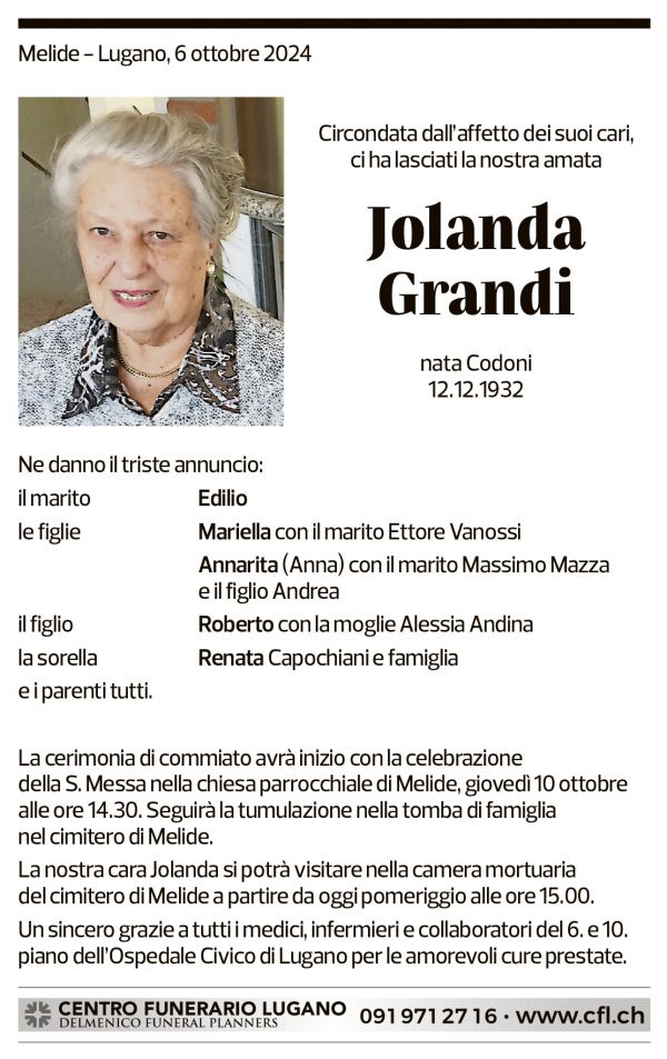 Annuncio funebre Jolanda Grandi