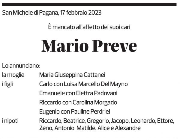 Annuncio funebre Mario Preve