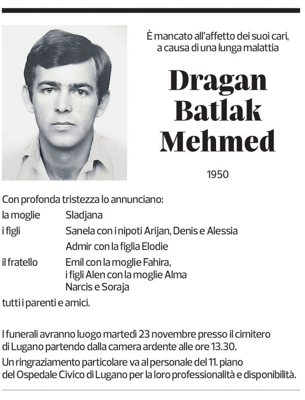 Annuncio funebre Dragan Batlak