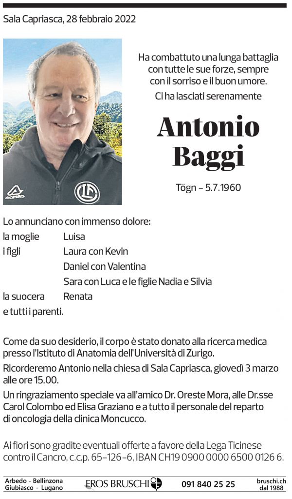 Annuncio funebre Antonio Baggi