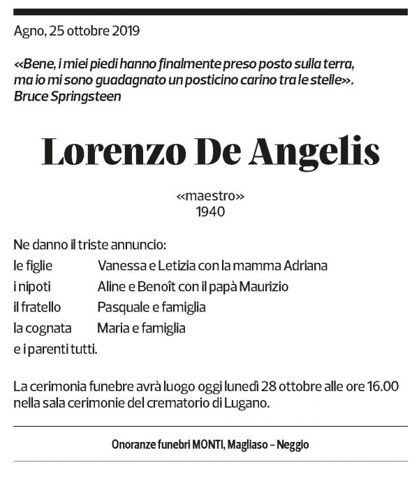 Annuncio funebre Lorenzo De Angelis