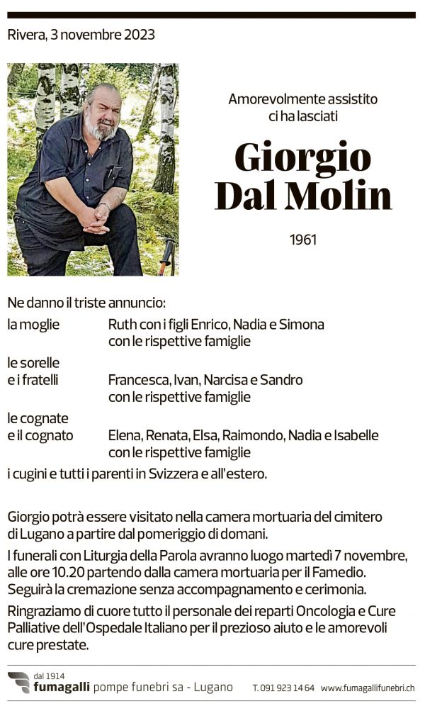 Annuncio funebre Giorgio Dal Molin