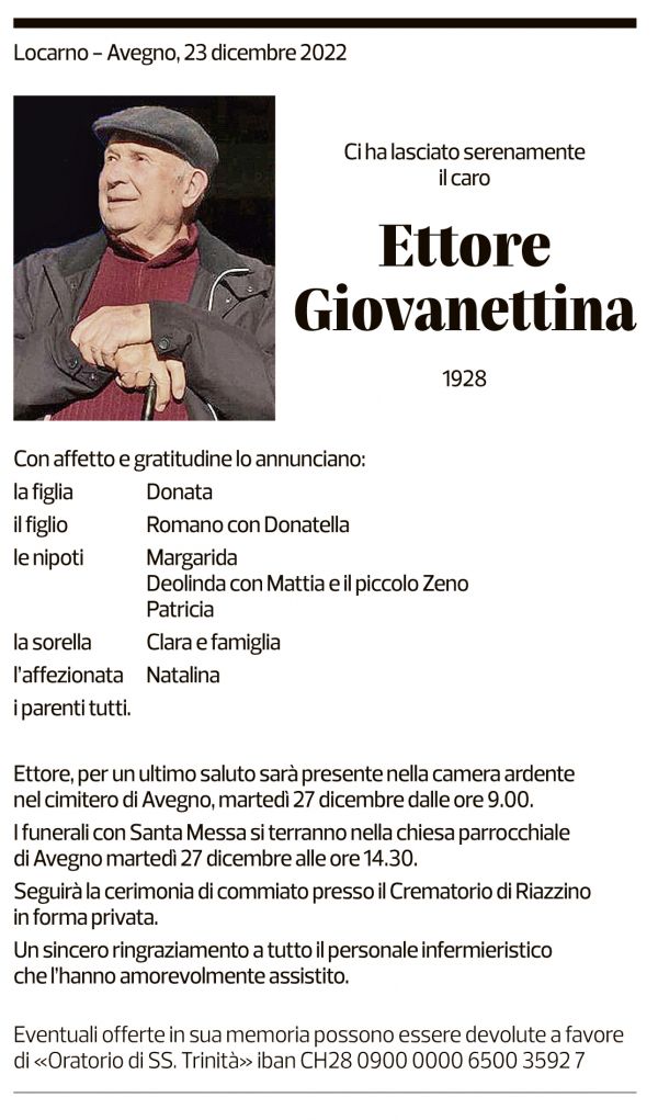 Annuncio funebre Ettore Giovanettina