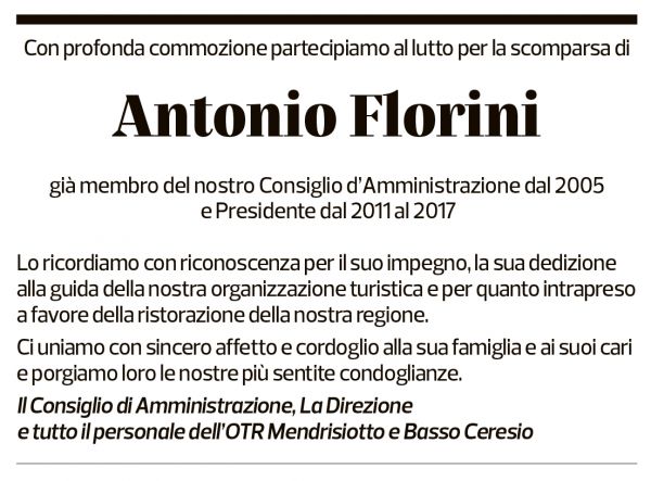 Annuncio funebre Antonio Florini