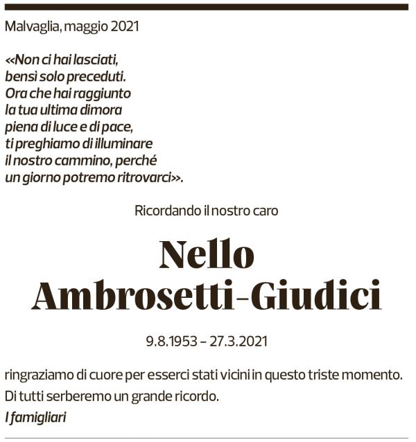 Annuncio funebre Nello Ambrosetti-giudici