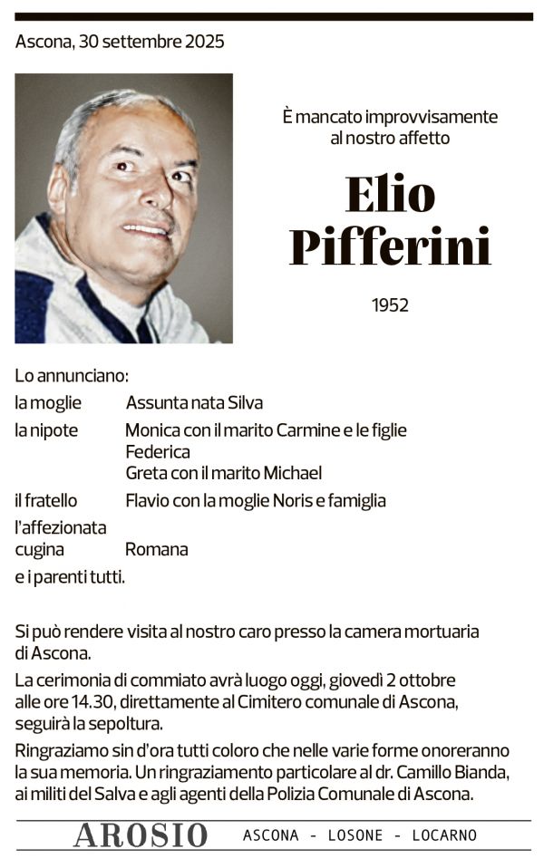 Annuncio funebre Elio Pifferini