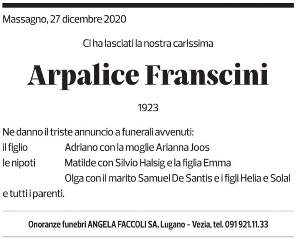 Annuncio funebre Arpalice Franscini