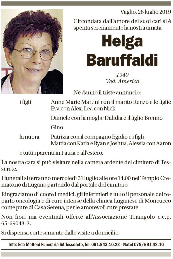 Annuncio funebre Helga Baruffaldi
