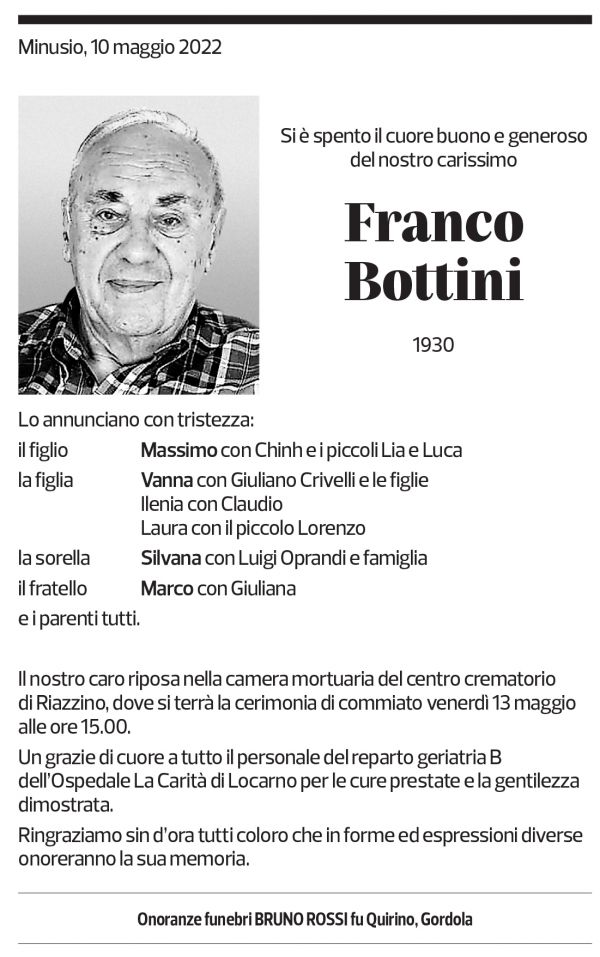 Annuncio funebre Franco Bottini