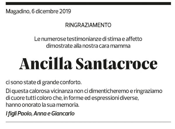 Annuncio funebre Ancilla Santacroce