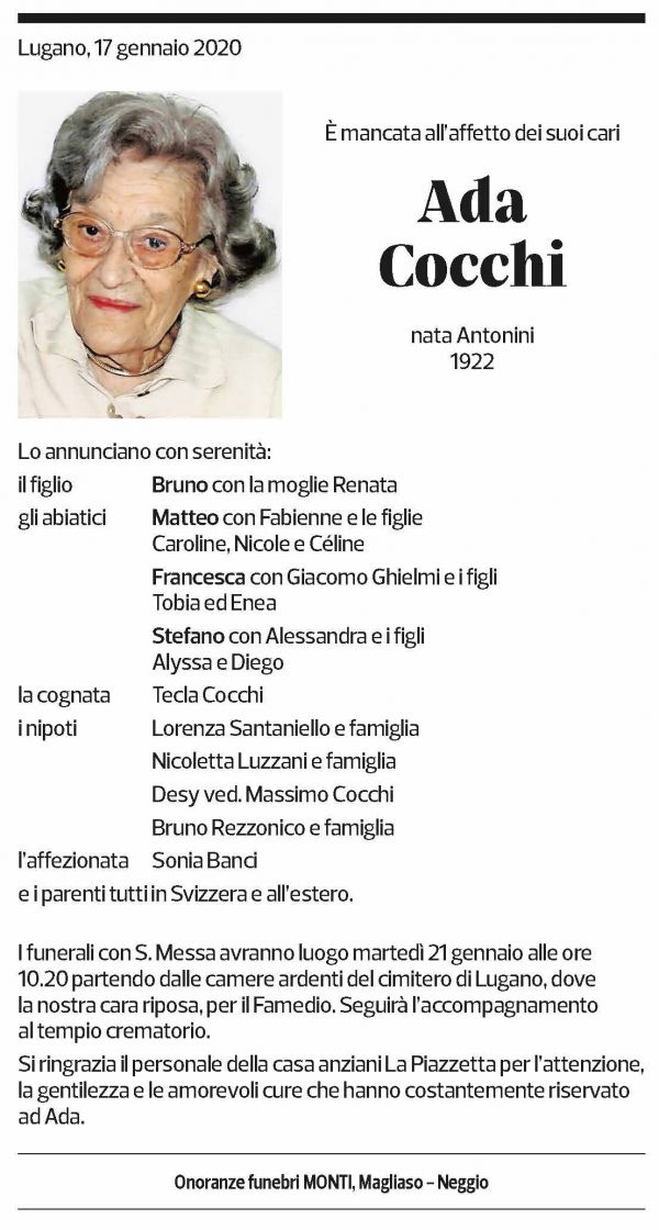 Annuncio funebre Ada Cocchi