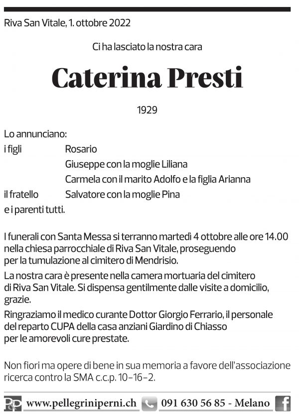 Annuncio funebre Caterina Presti