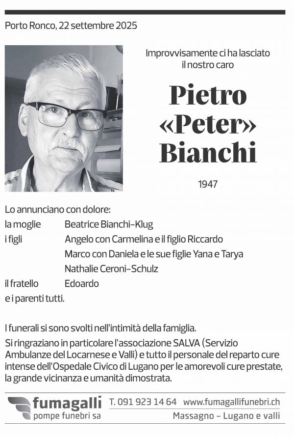 Annuncio funebre Pietro Bianchi