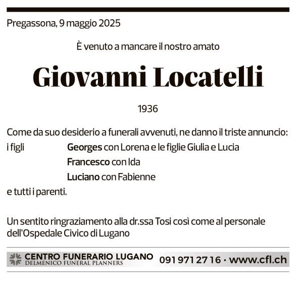 Annuncio funebre Giovanni Locatelli