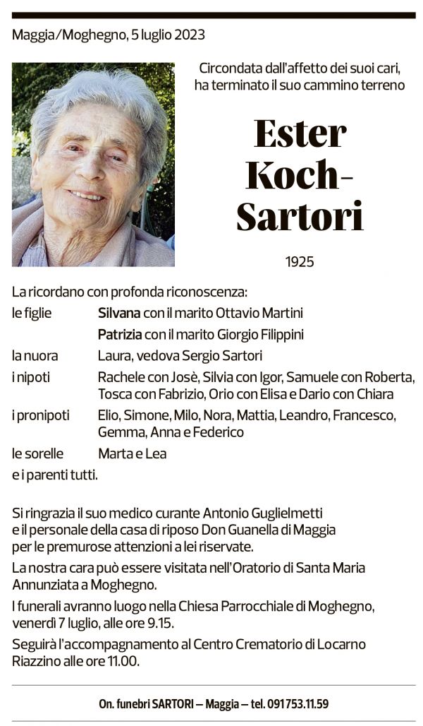 Annuncio funebre Ester Koch-sartori