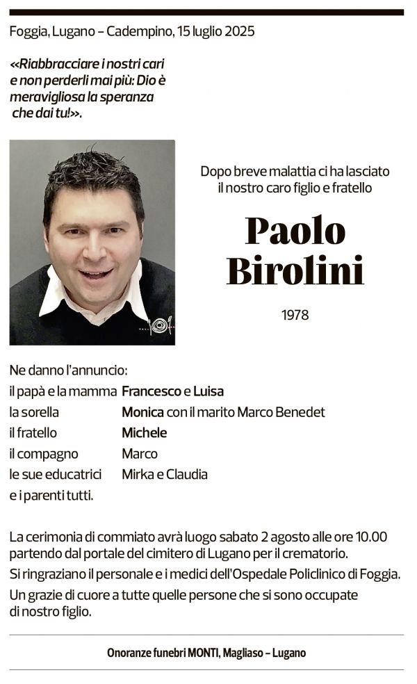 Annuncio funebre Paolo Birolini