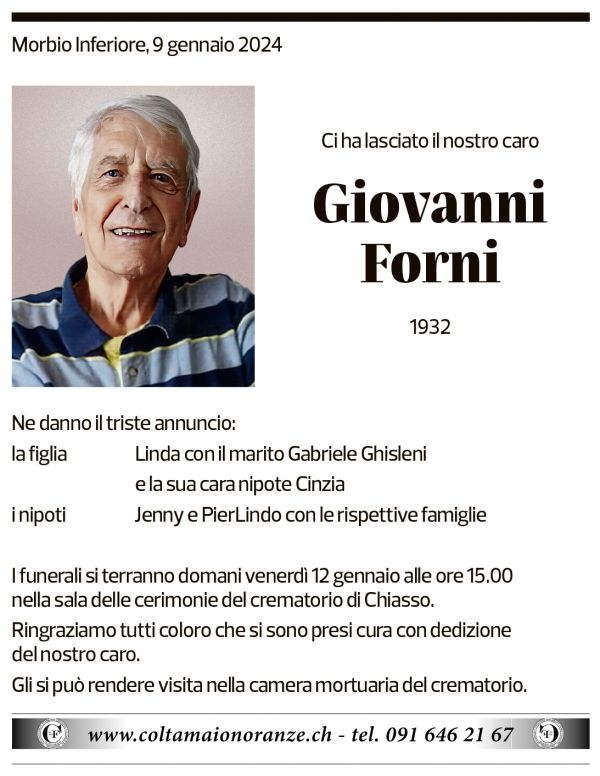 Annuncio funebre Giovanni Forni