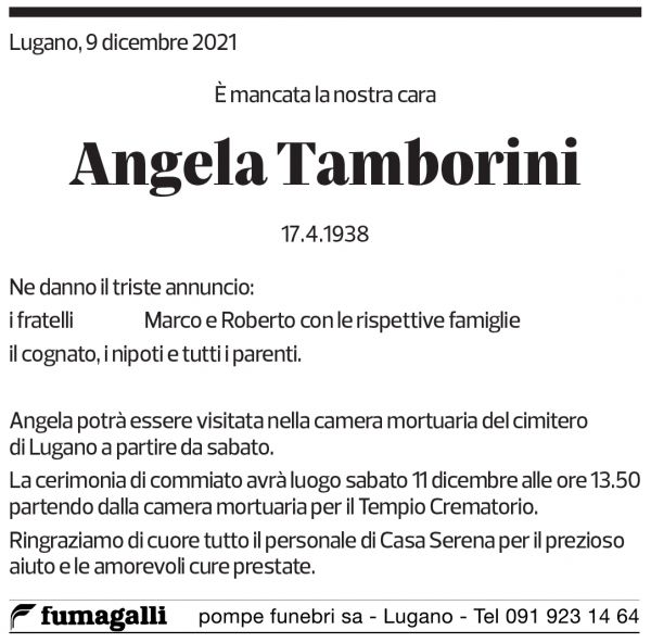 Annuncio funebre Angela Tamborini