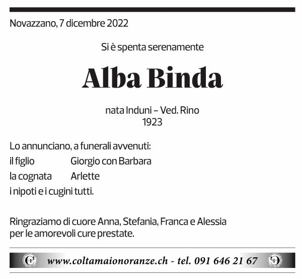 Annuncio funebre Alba Binda