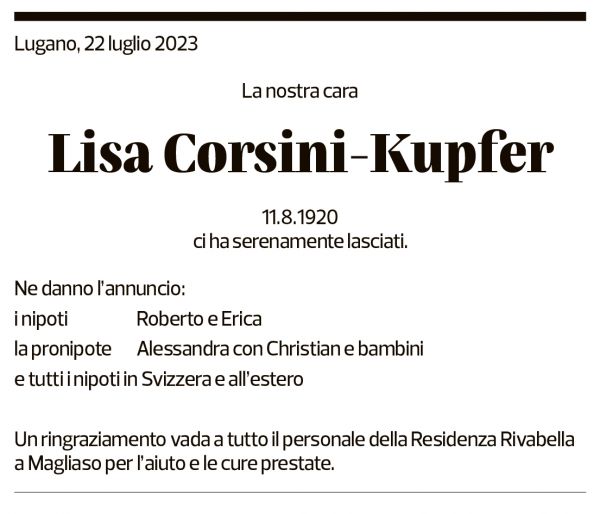 Annuncio funebre Lisa Corsini-kupfer