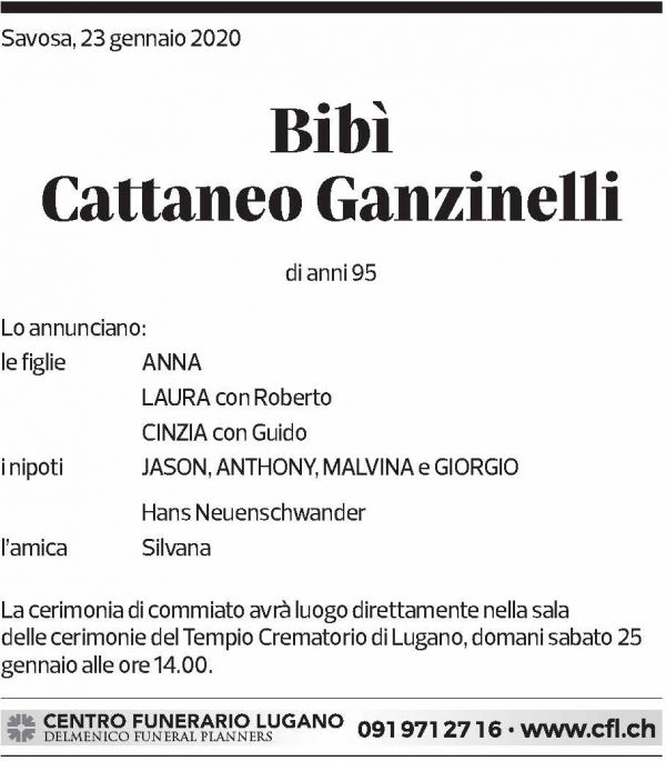 Annuncio funebre Bibì Cattaneo Ganzinelli