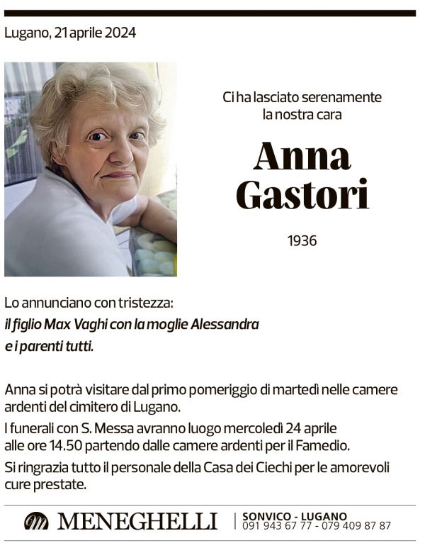 Annuncio funebre Anna Gastori