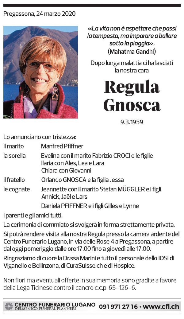 Annuncio funebre Regula Gnosca