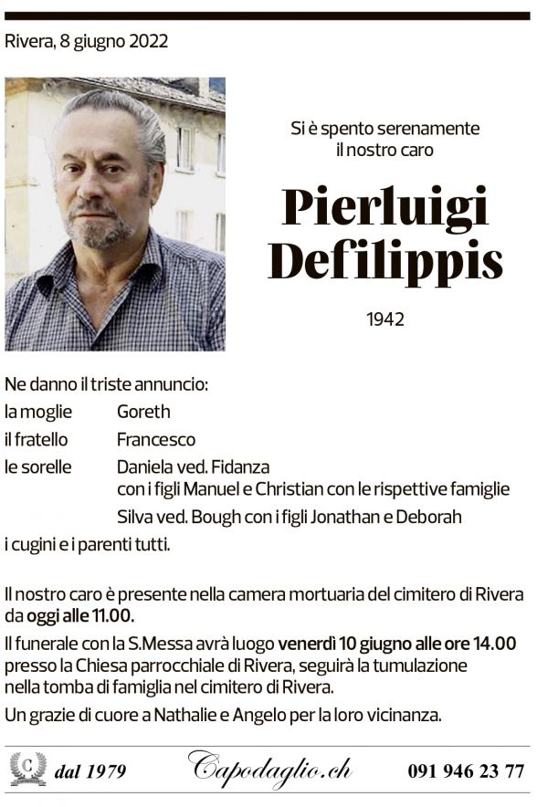 Annuncio funebre Pierluigi Defilippis