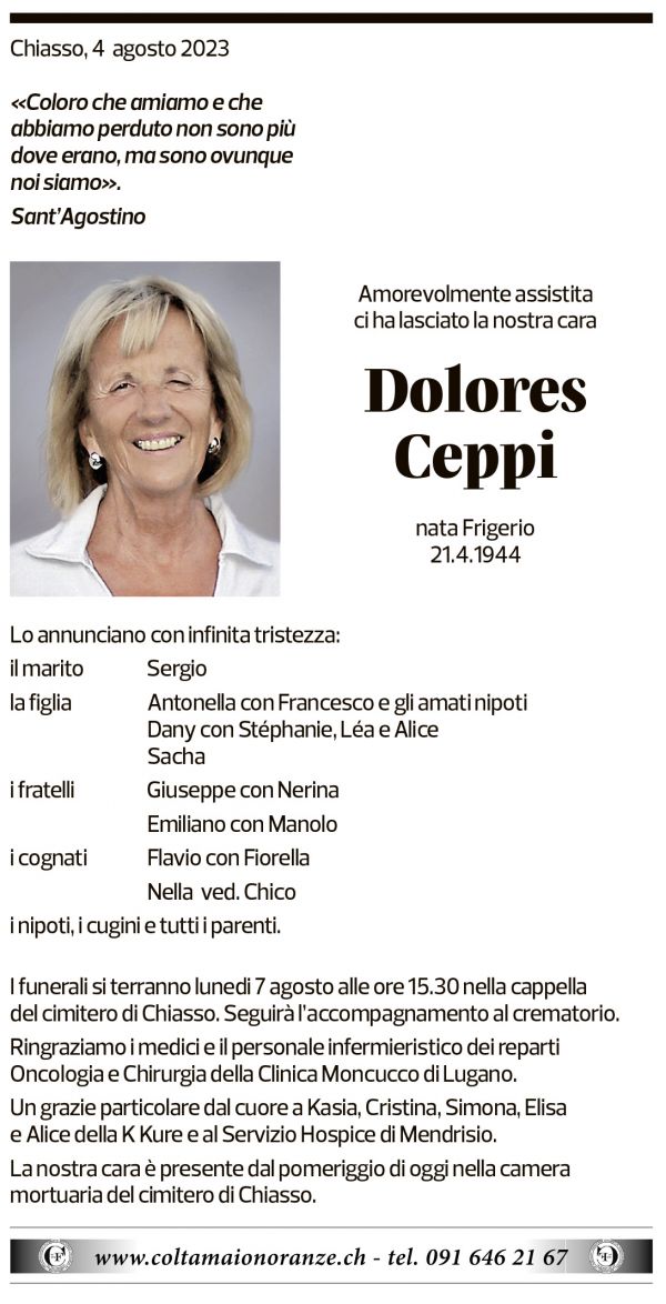 Annuncio funebre Dolores Ceppi