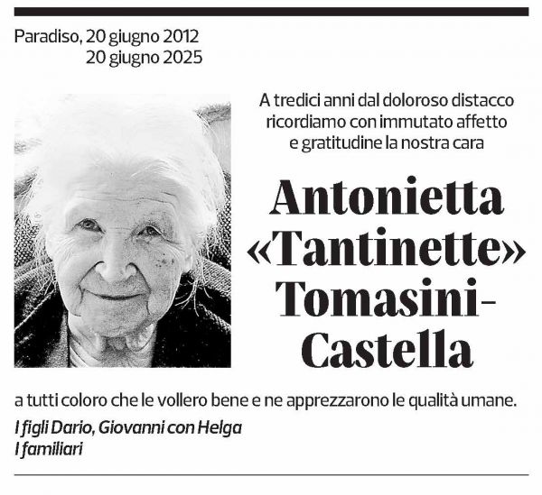 Annuncio funebre Antonietta Tomasini-castella