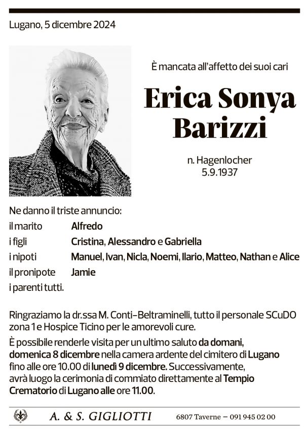 Annuncio funebre Erica Sonya Barizzi