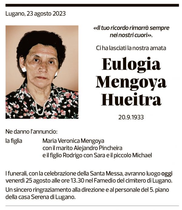 Annuncio funebre Eulogia Mengoya Hueitra