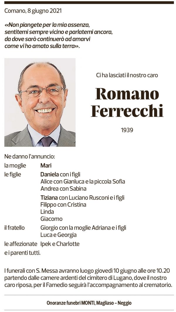 Annuncio funebre Romano Ferrecchi