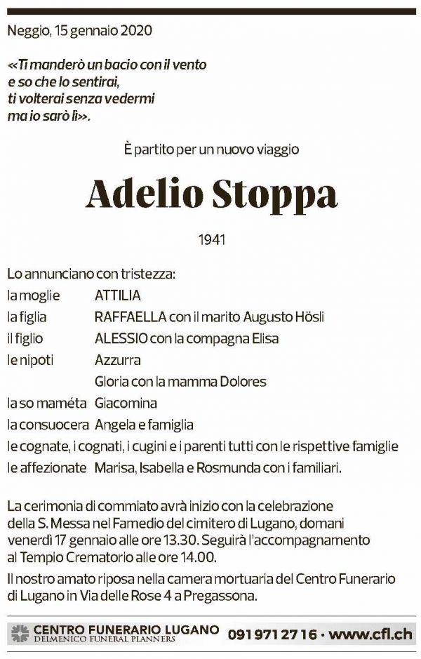 Annuncio funebre Adelio Stoppa