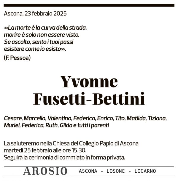 Annuncio funebre Yvonne Fusetti-bettini