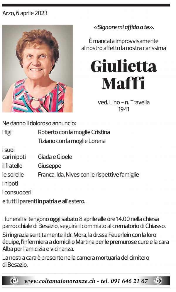 Annuncio funebre Giulietta Maffi