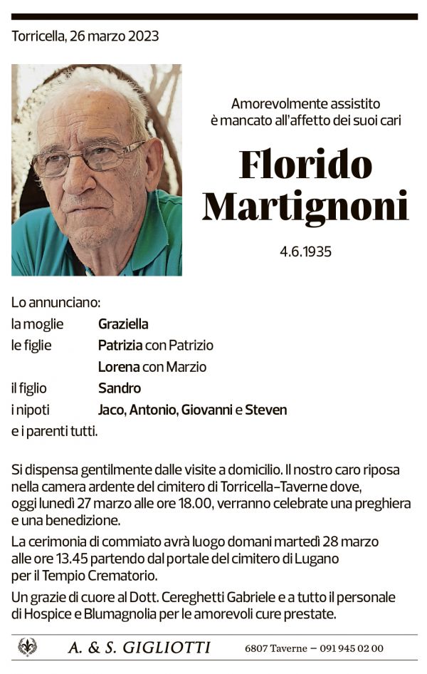 Annuncio funebre Florido Martignoni