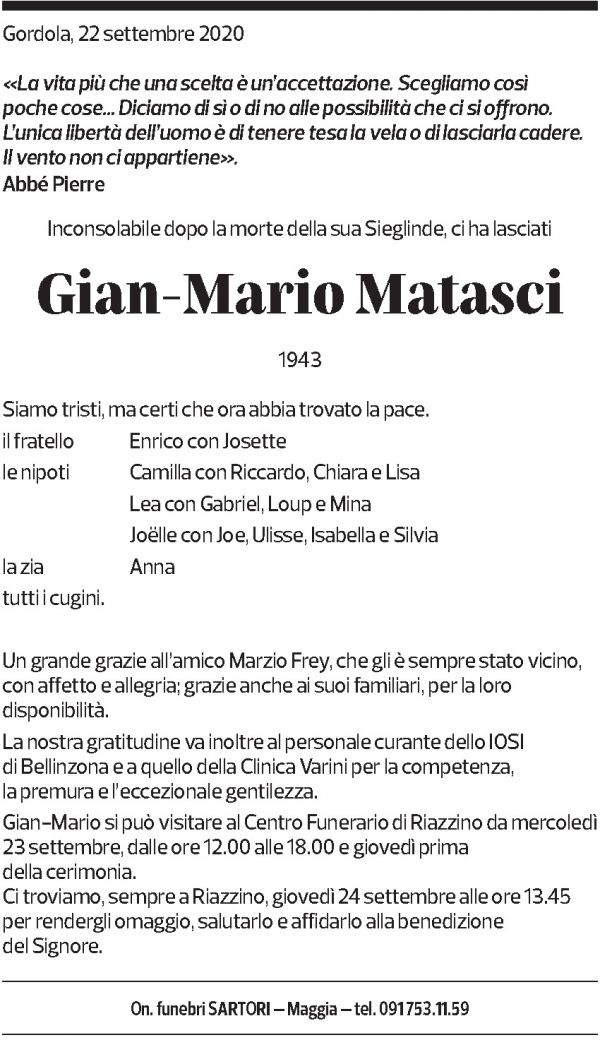 Annuncio funebre Gian-mario Matasci
