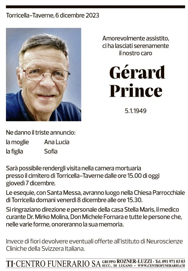 Annuncio funebre Gérard Prince