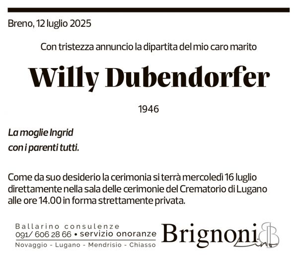 Annuncio funebre Willy Dubendorfer
