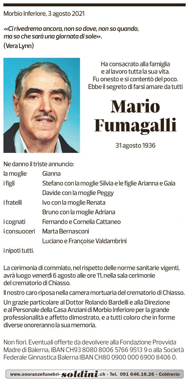 Annuncio funebre Mario Fumagalli