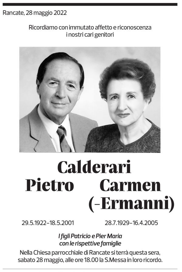 Annuncio funebre Pietro Carmen Calderari