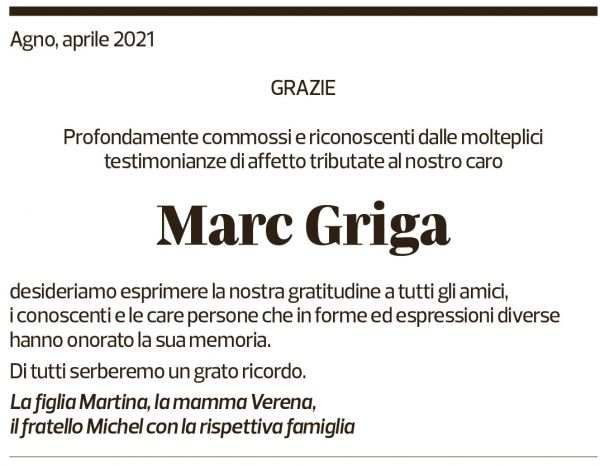 Annuncio funebre Marc Griga