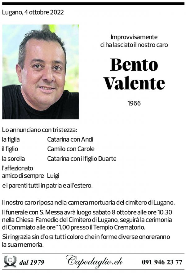 Annuncio funebre Bento Valente