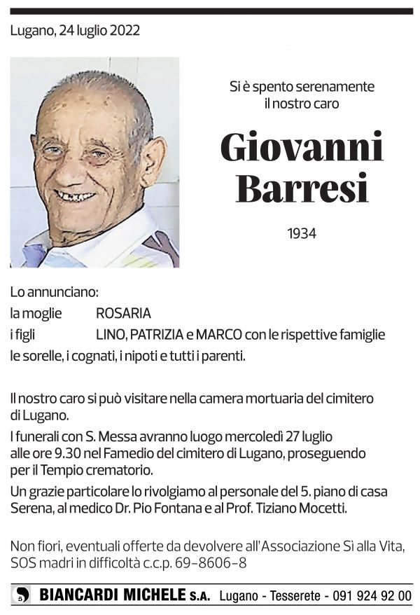 Annuncio funebre Giovanni Barresi