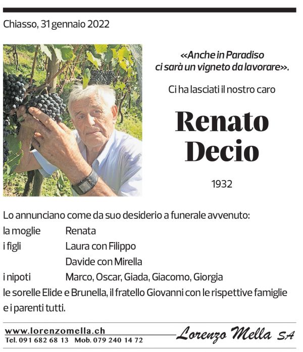 Annuncio funebre Renato Decio