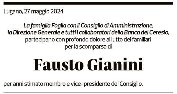 Annuncio funebre Fausto Gianini