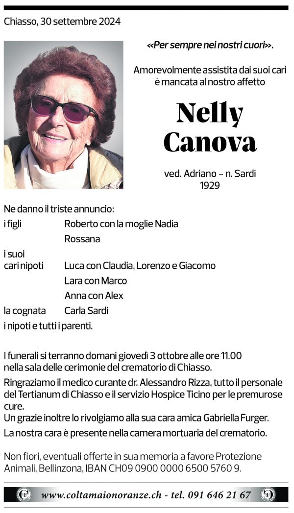 Annuncio funebre Nelly Canova