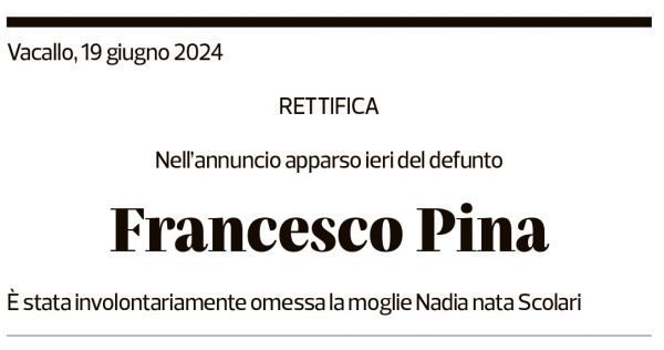 Annuncio funebre Francesco Pina