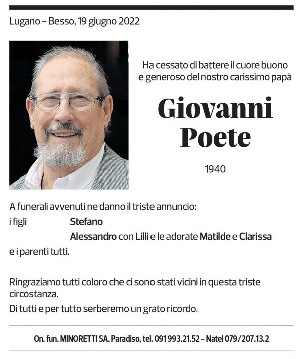 Annuncio funebre Giovanni Poete